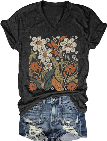 Women's T-Shirts V-Neck Dragonfly Tee Cute Summer Graphic Shirts Vintage Boho Flowers Short Sleeve T Shirt
