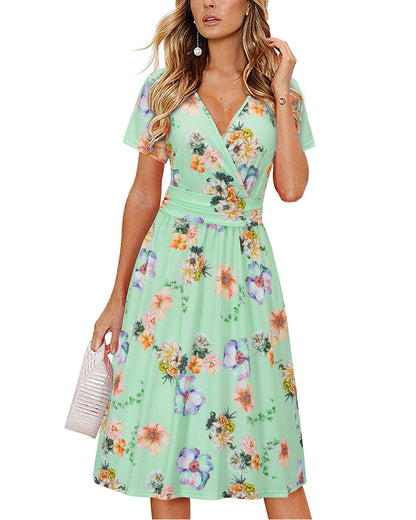 OUGES Casual Summer Dress for Women Wrap V Neck A Line Midi Dresses with Pockets
