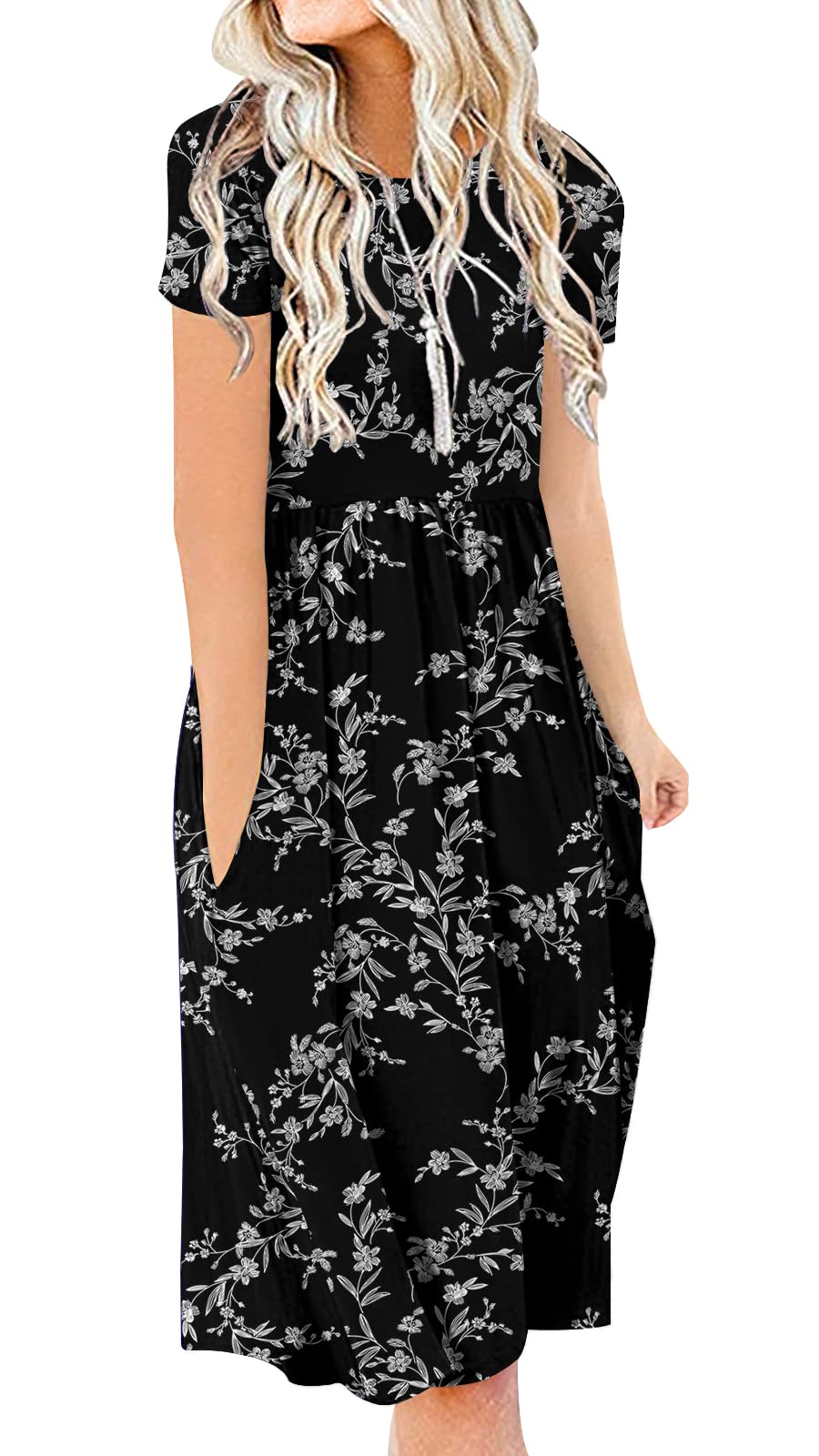 DB MOON Women Summer Casual Short Sleeve Dresses Empire Waist Dress with Pockets