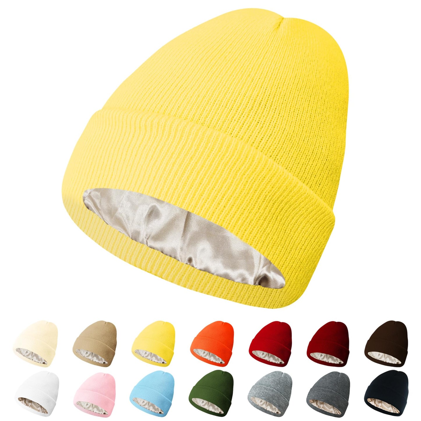 PFFY Womens Satin Lined Beanie Hat Silk Lining Winter Hats Beanies for Women Soft Slouchy Beanie Skull Cap