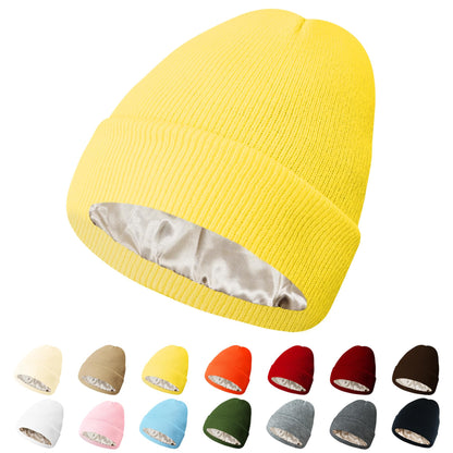 PFFY Womens Satin Lined Beanie Hat Silk Lining Winter Hats Beanies for Women Soft Slouchy Beanie Skull Cap