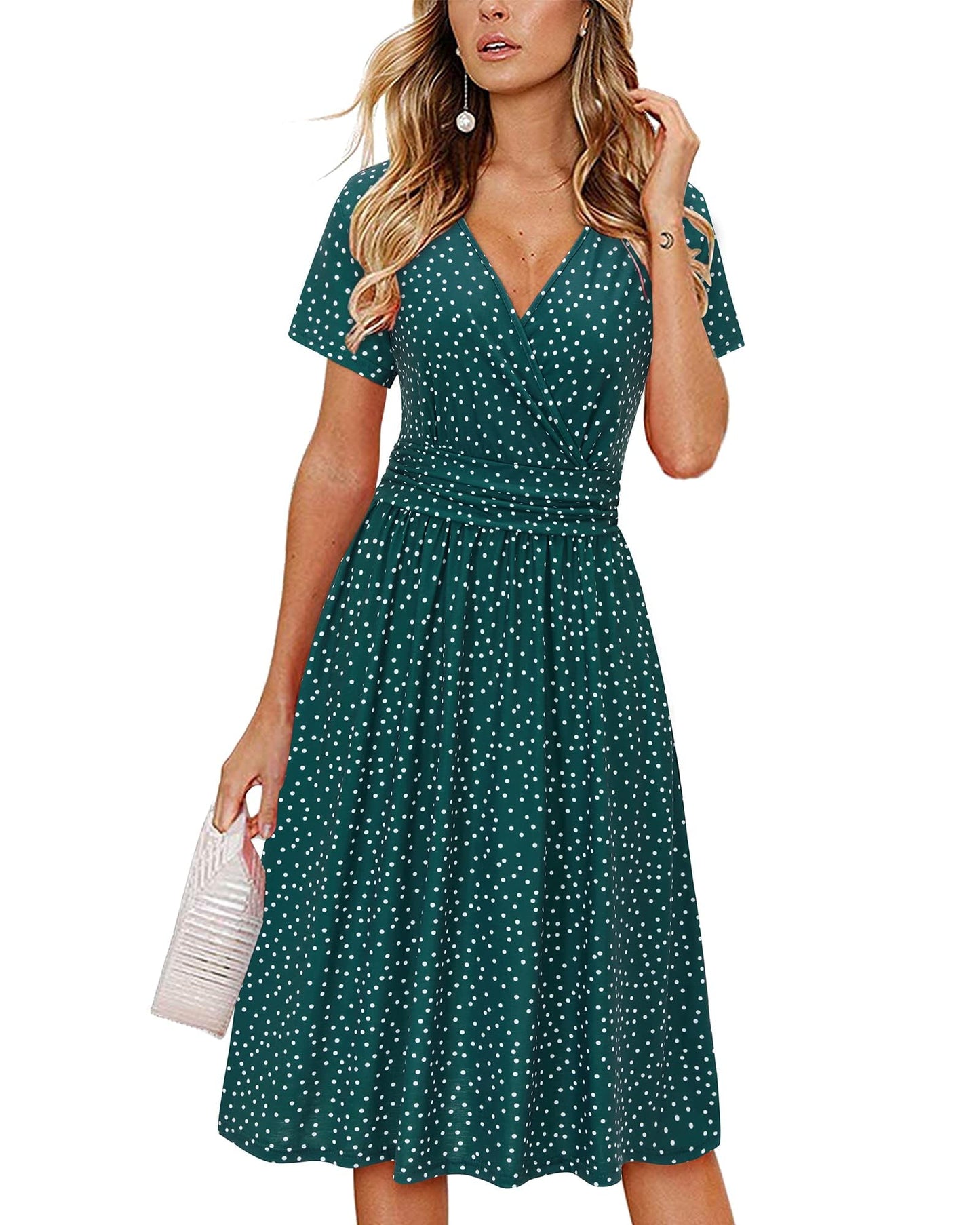 OUGES Casual Summer Dress for Women Wrap V Neck A Line Midi Dresses with Pockets