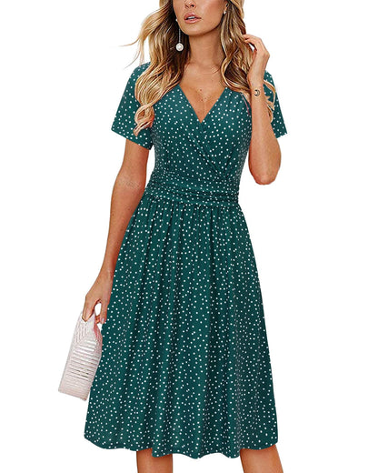 OUGES Casual Summer Dress for Women Wrap V Neck A Line Midi Dresses with Pockets