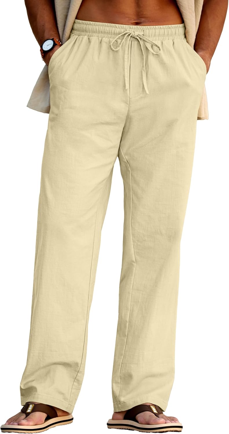 Sailwind Men's Casual Linen Pants Beach Summer Drawstring Elastic Waist Lightweight Pants