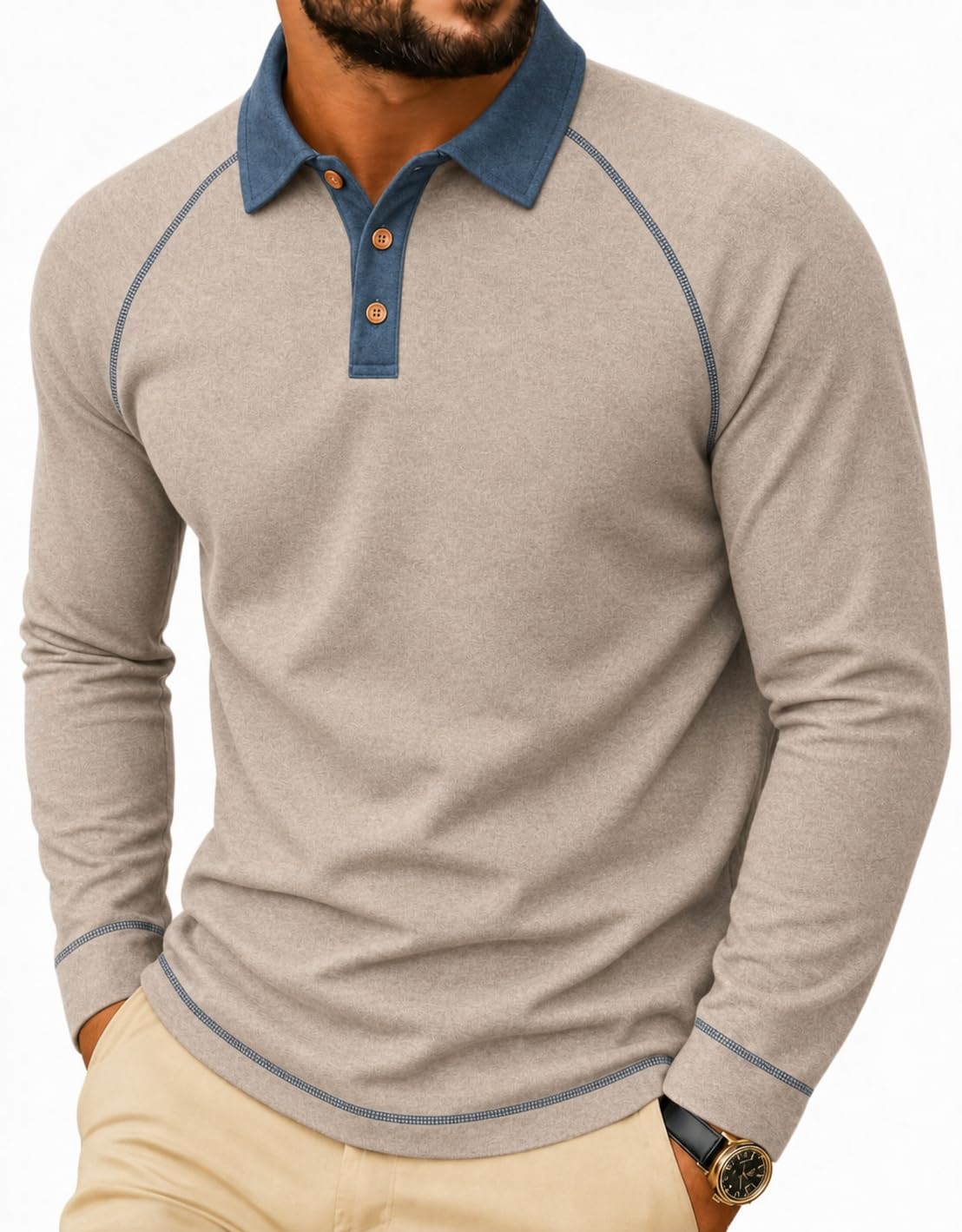 Sailwind Mens Long Sleeve Polo Shirts Fashion Casual Raglan Button Polo Tee Collared Golf Shirt