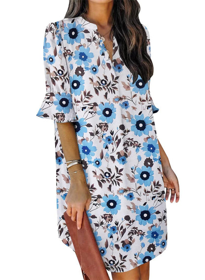 QACOHU Summer Dresses for Women V Neck Ruffle Short Sleeve Casual Shift Dress