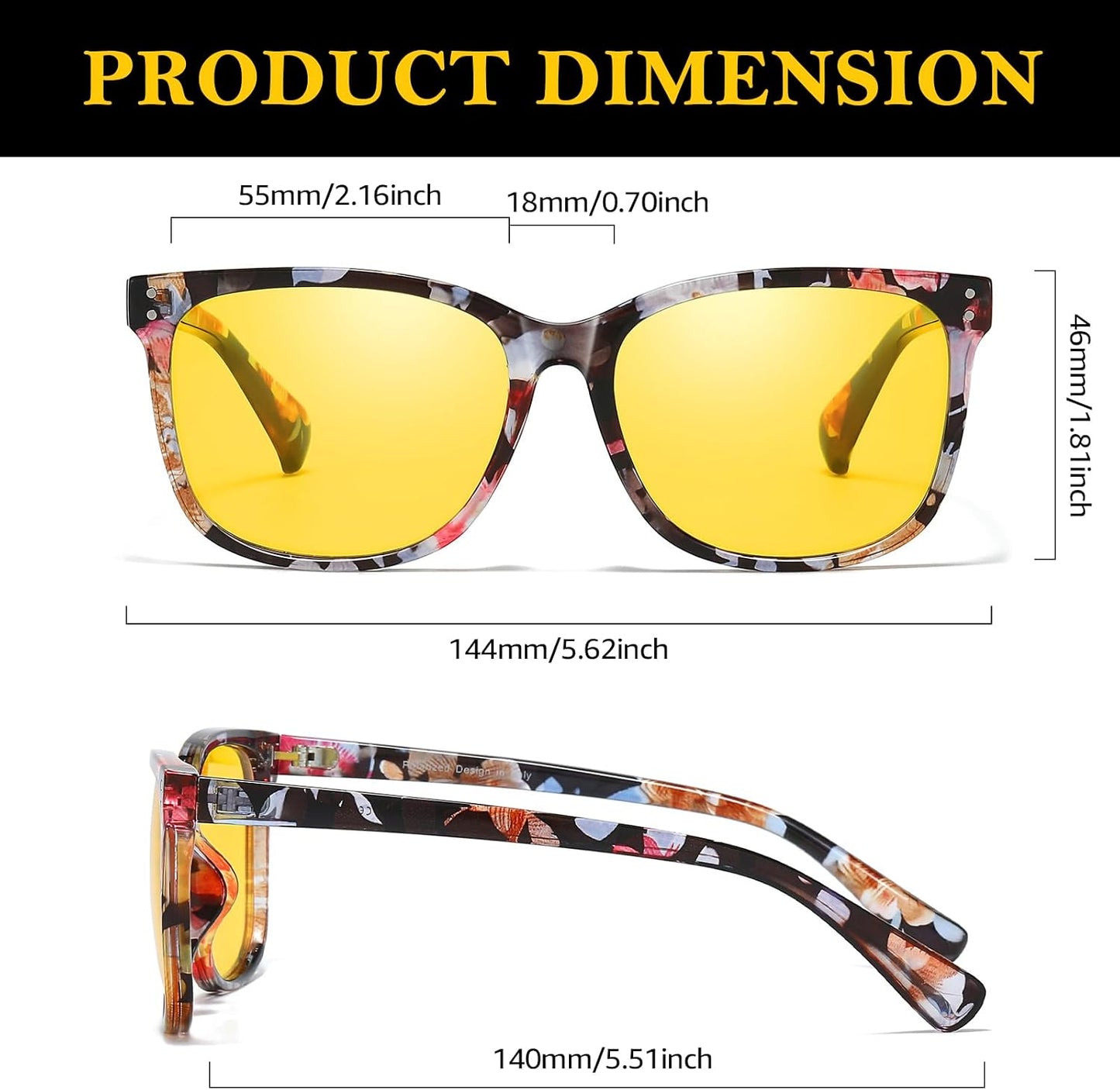 TJUTR Women’s Night Vision Driving Glasses, Polarized Yellow Tint Anti Glare Eyewear for Nighttime Driving TN2572