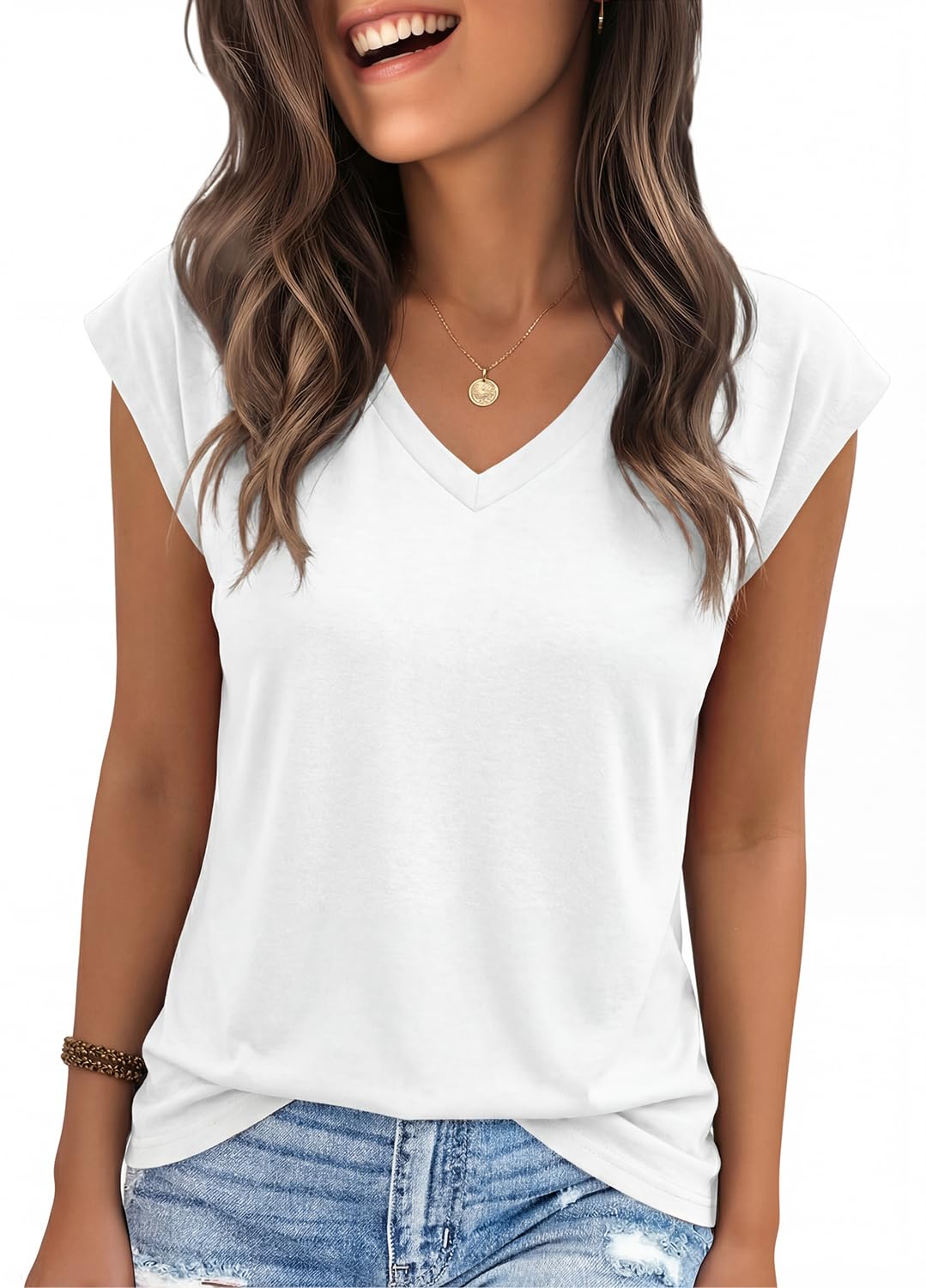 YEXIPO Womens Tops Cap Sleeve T Shirts 2026 Summer Casual Loose Fit V Neck Shirts Cute Trendy Beach Vacation Clothes