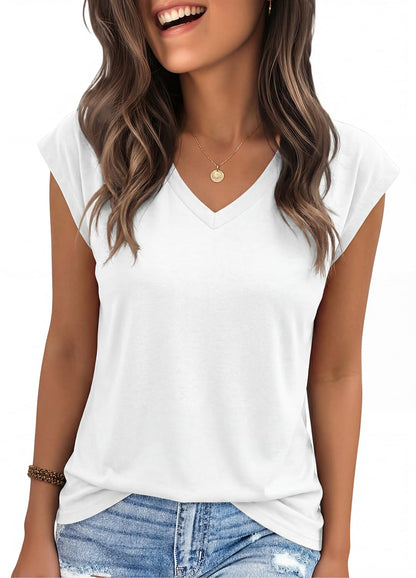 YEXIPO Womens Tops Cap Sleeve T Shirts 2026 Summer Casual Loose Fit V Neck Shirts Cute Trendy Beach Vacation Clothes