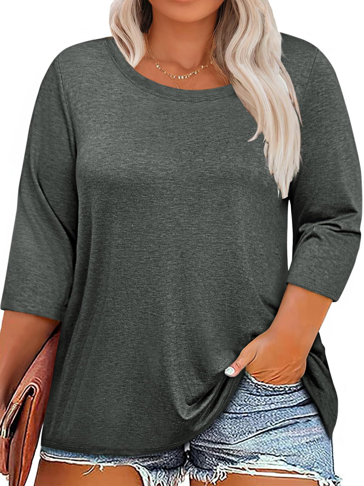 YEXIPO Womens Plus Size Tops 3/4 Sleeve Casual T Shirts Blouses Crew Neck Loose Fit Tunic Tops