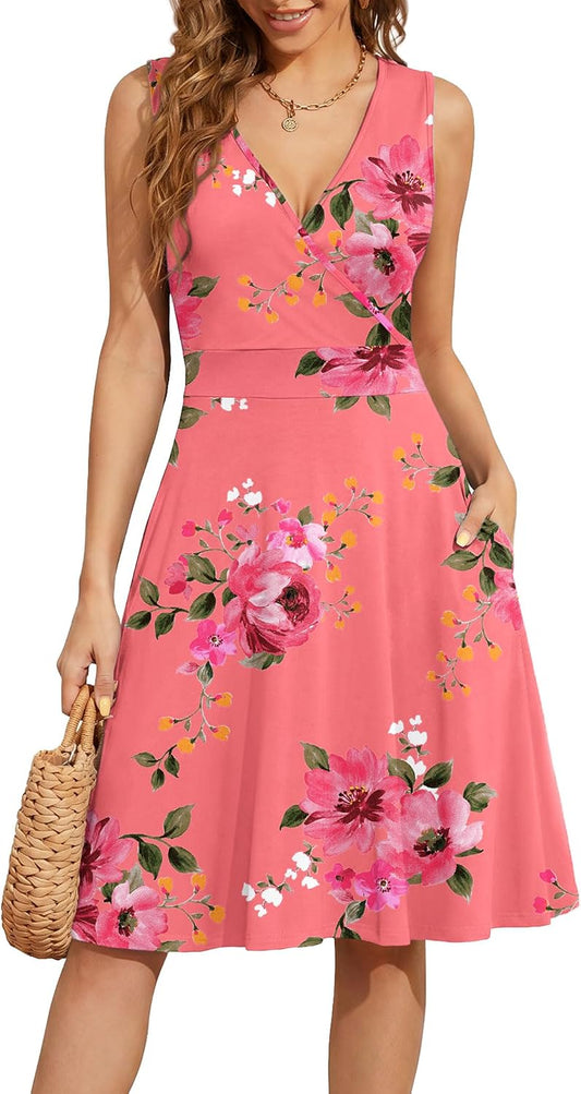 WEACZZY Women's Summer Sleeveless Casual Dresses V-Neck Wrap Floral Holiday Tank Dress Flowy Beach Sundress with Pockets