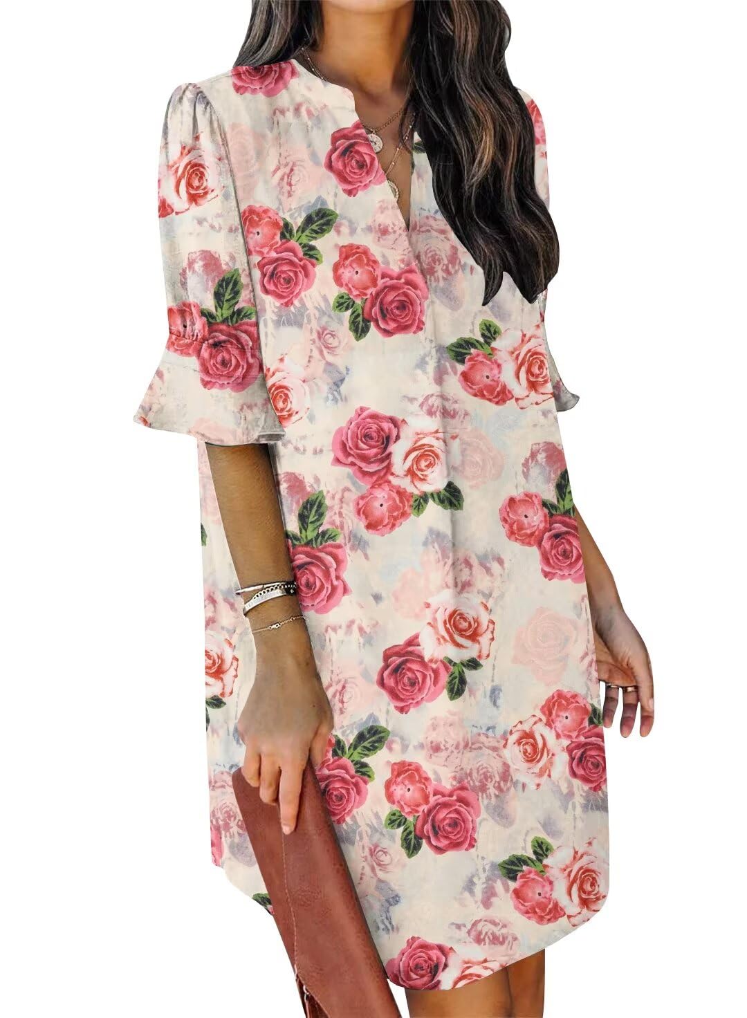 QACOHU Summer Dresses for Women V Neck Ruffle Short Sleeve Casual Shift Dress