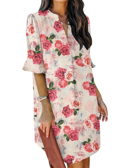 QACOHU Summer Dresses for Women V Neck Ruffle Short Sleeve Casual Shift Dress