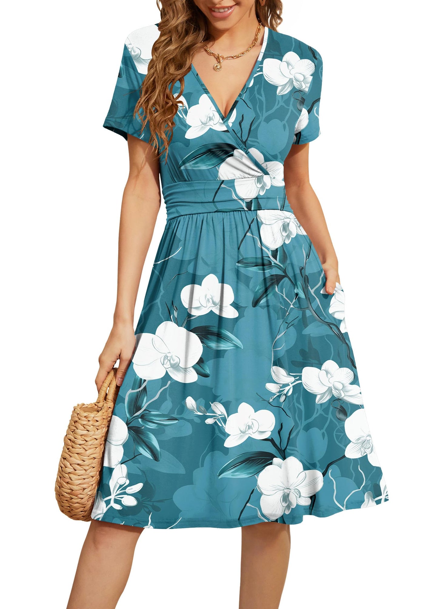 WEACZZY Women's Summer Short Sleeve Casual Dresses V-Neck Floral Party Dress with Pockets