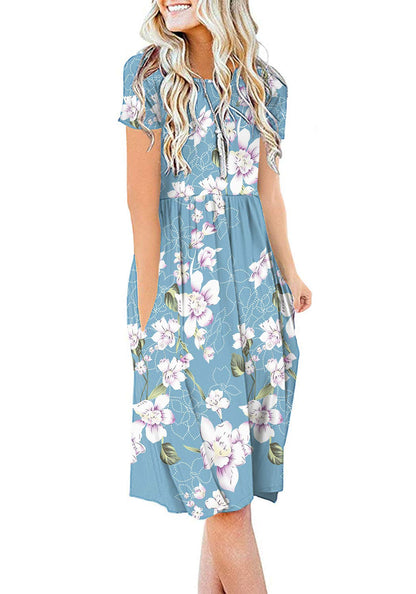 DB MOON Women Summer Casual Short Sleeve Dresses Empire Waist Dress with Pockets