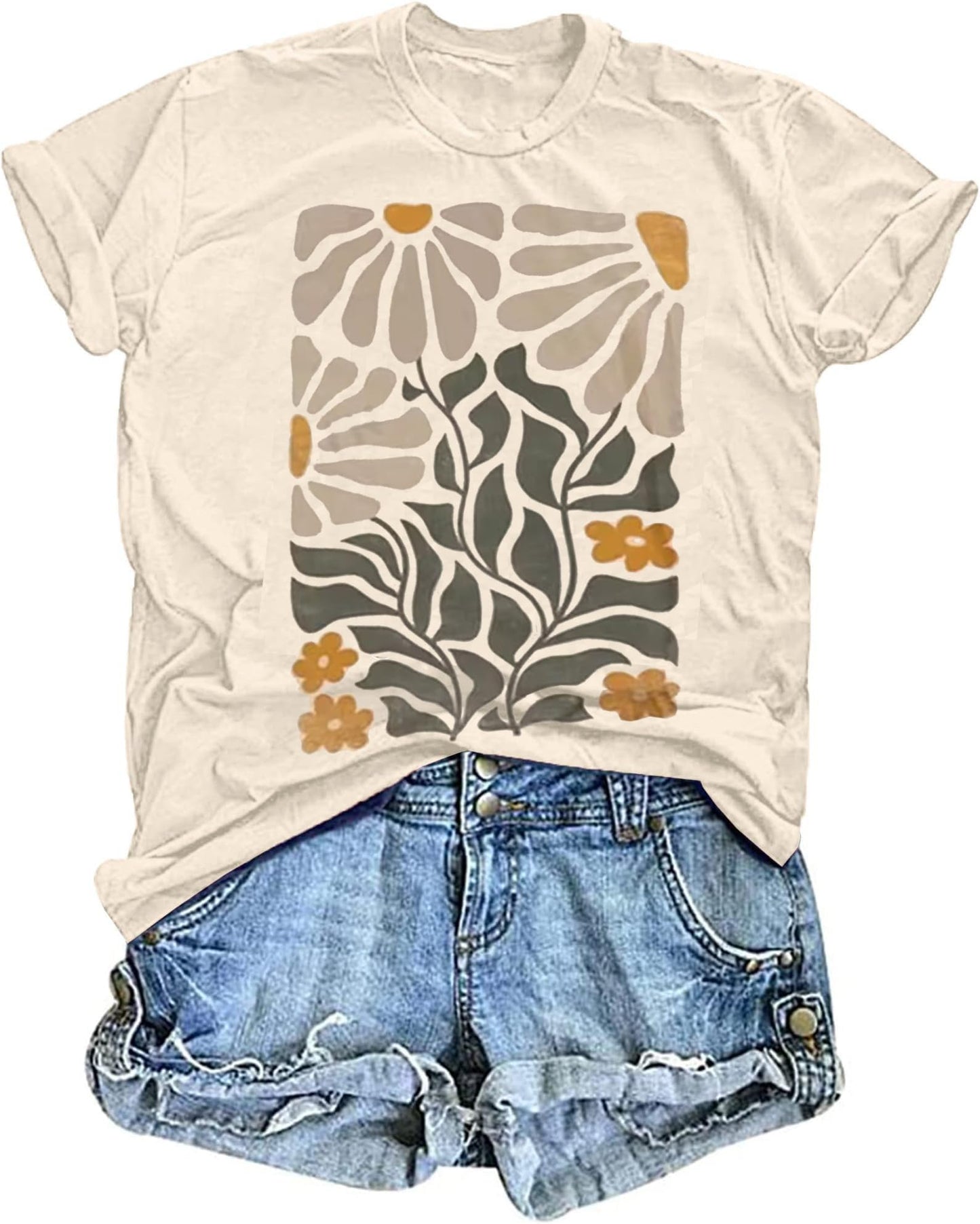 Women's Vintage Floral T Shirt Boho Wildflower Graphic Loose Tees Short Sleeve Casual Tops
