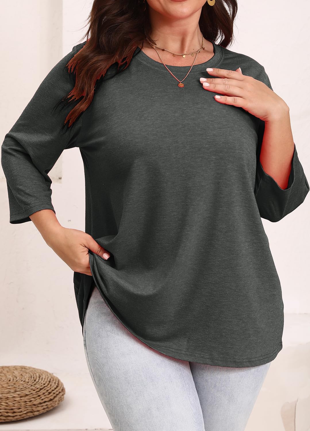 YEXIPO Womens Plus Size Tops 3/4 Sleeve Casual T Shirts Blouses Crew Neck Loose Fit Tunic Tops
