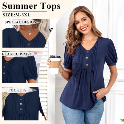 Findsweet Women's Summer Tunic Tops Casual Dressy Blouses Short Sleeve Shirts M-4XL