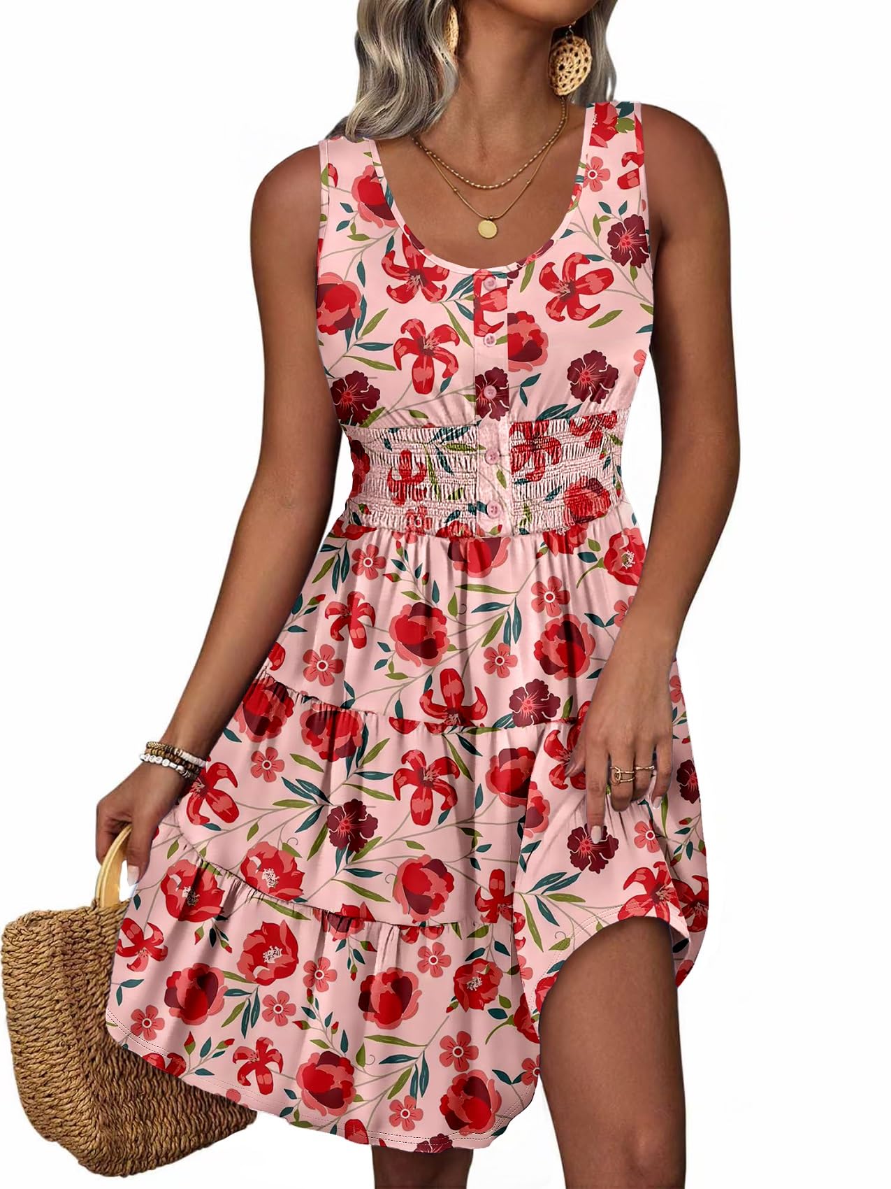 Summer Dresses for Women Casual Sleeveless Sundresses Elastic Waist Mini Sun Dress