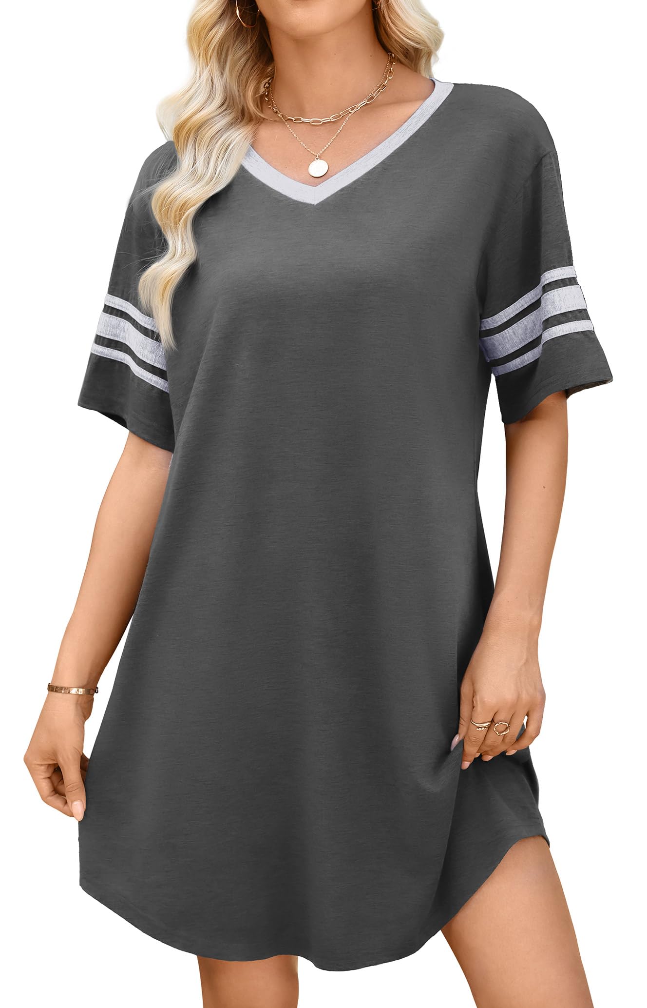 WEACZZY Women's Sleep Shirt Short Sleeve Nightgown Loose Fit Breathable | Crew Neck, Soft Polyester Blend Sleepwear, Solid Colors Floral Prints, Pajama Dress, Loungewear, House Casual Daily Wear
