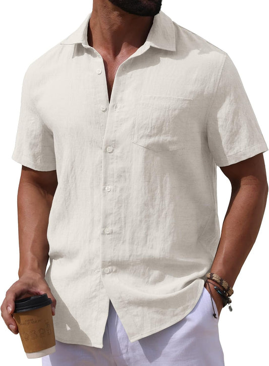 Sailwind Men's Linen Button Down Shirts Short Sleeve Casual Lightwetght Beach Summer Vacation Shirt with Pocket