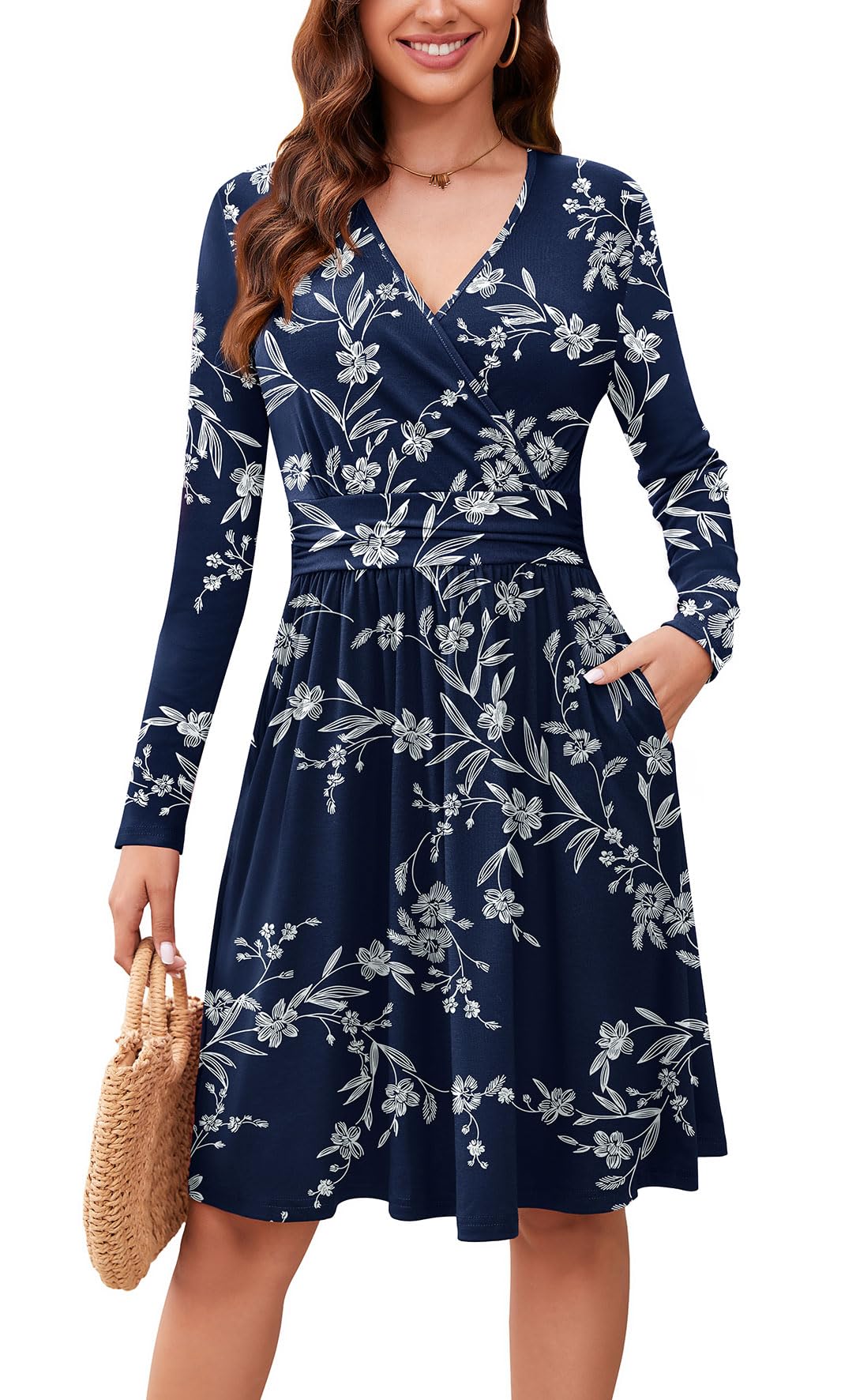 WEACZZY Women's Long Sleeve Casual Fall Dresses V-Neck Swing Floral Party Dress with Pockets 2026