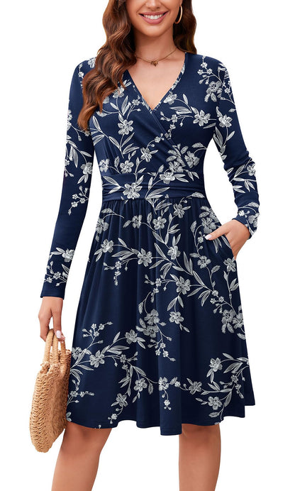 WEACZZY Women's Long Sleeve Casual Fall Dresses V-Neck Swing Floral Party Dress with Pockets 2026