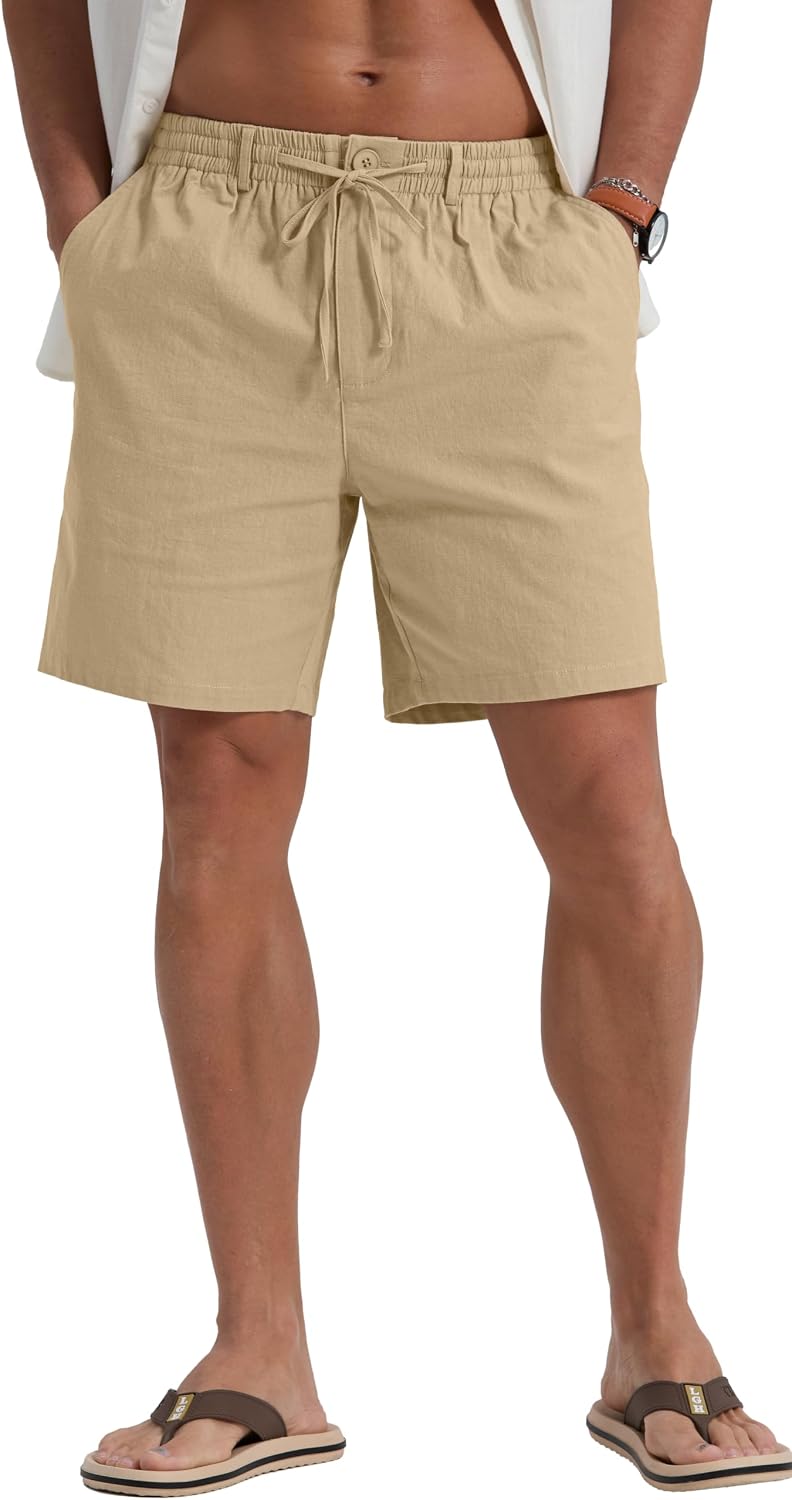 Sailwind Men's Linen Shorts 7" Casual Elastic Waist Drawstring Summer Beach Shorts