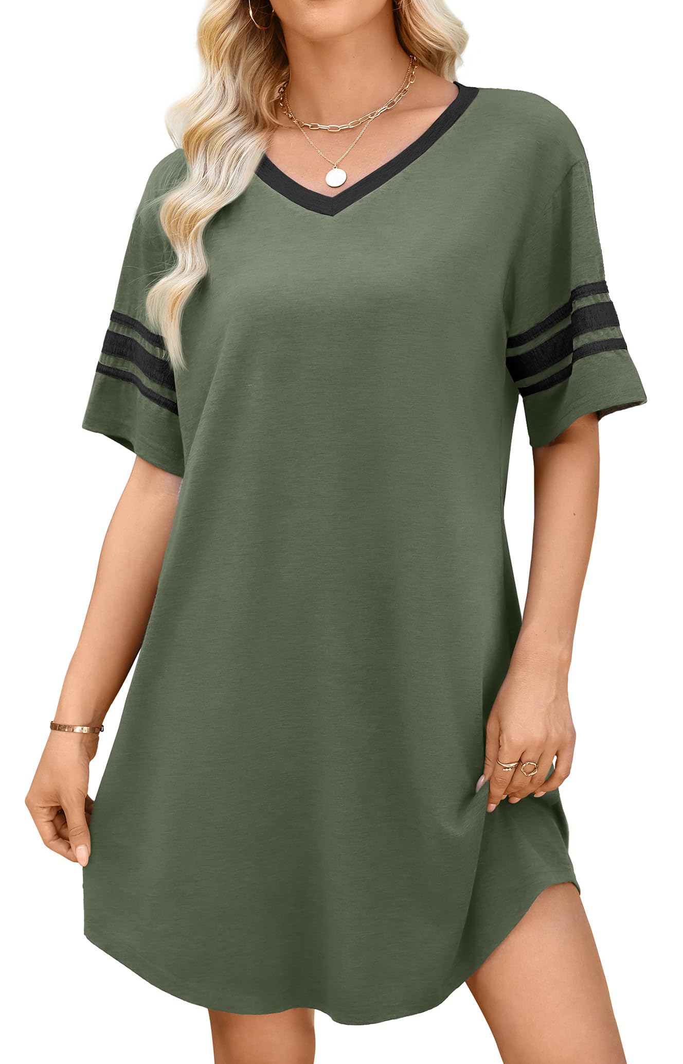WEACZZY Women's Sleep Shirt Short Sleeve Nightgown Loose Fit Breathable | Crew Neck, Soft Polyester Blend Sleepwear, Solid Colors Floral Prints, Pajama Dress, Loungewear, House Casual Daily Wear