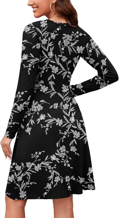 WEACZZY Women's Long Sleeve Casual Fall Dresses V-Neck Swing Floral Party Dress with Pockets 2026
