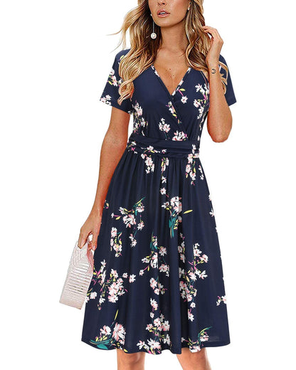 Newshows Womens Summer Short Sleeve Casual Dresses V Neck Floral Vacation Sundress Faux Wrap Midi Dress with Pockets