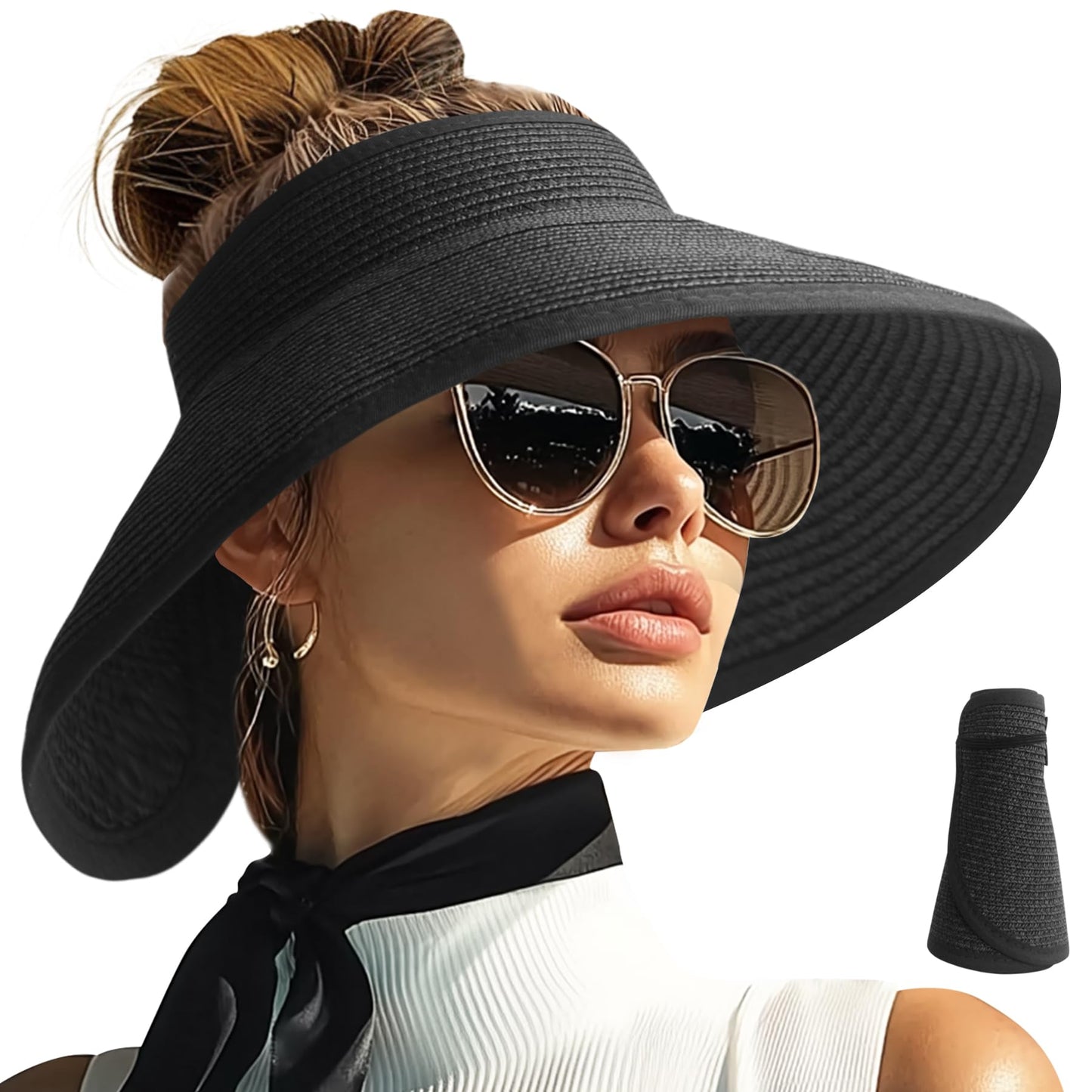 PFFY Sun Visors Hats for Women Wide Brim Straw Visor Packable Foldable Ponytail Travel Beach Hat Vacation Essentials