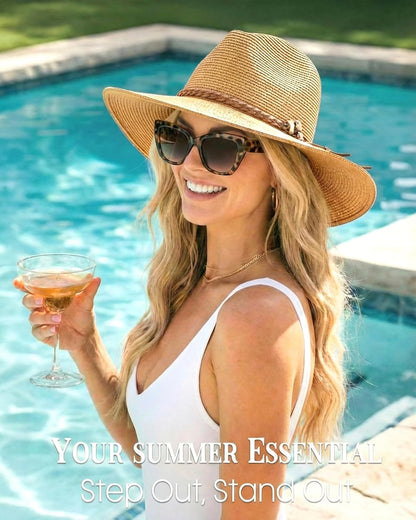 FURTALK Womens Wide Brim Sun Hat Beach Panama Fedora Straw Summer | Packable for Travel, Braided Strap Decor, Adjustable Chin Cord, Breathable Sweatband, Ideal for Summer Vacations