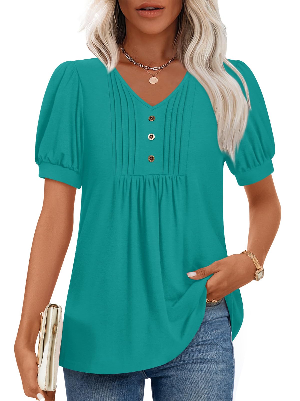 Findsweet Women's Summer Tunic Tops Casual Dressy Blouses Short Sleeve Shirts M-4XL