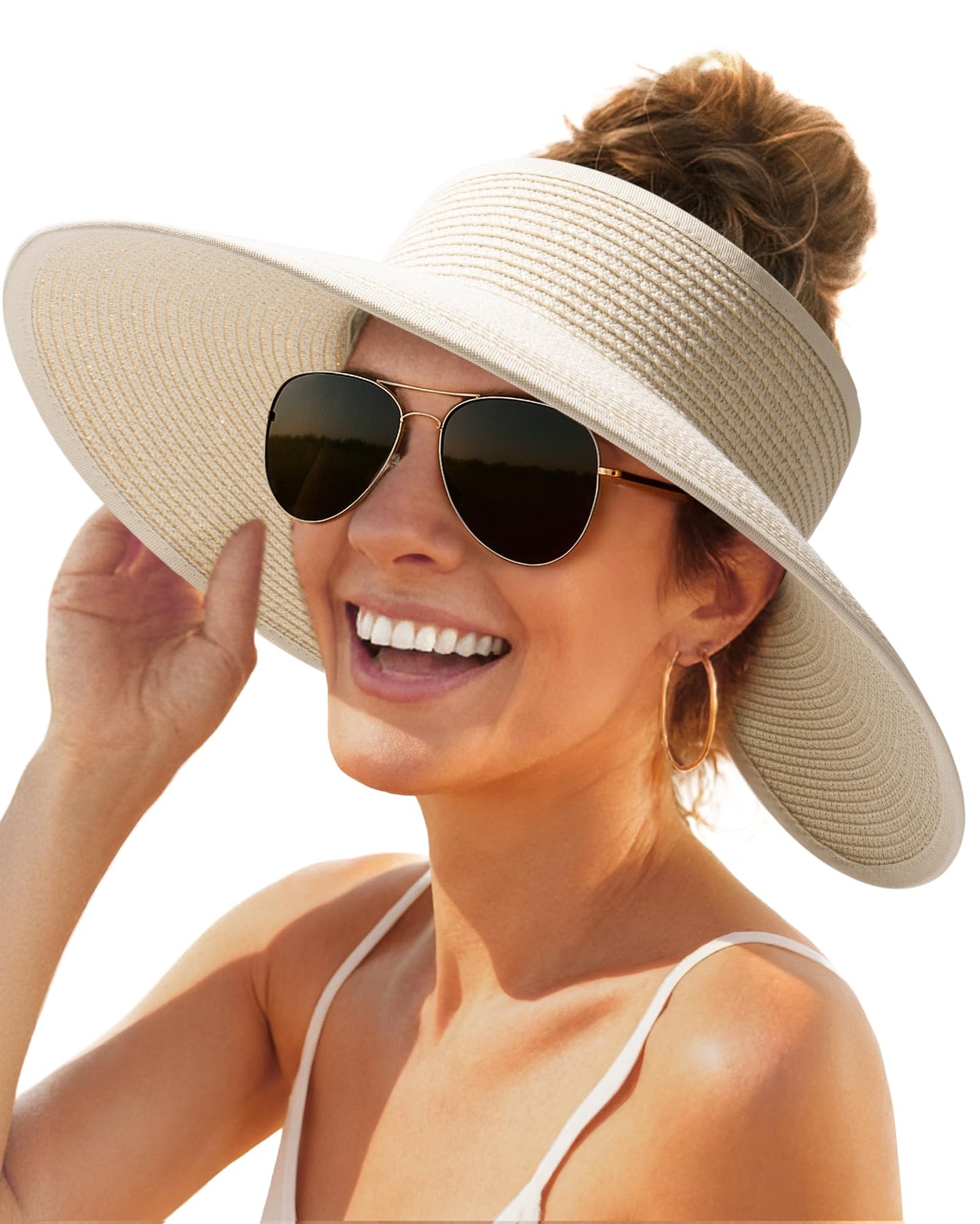 FURTALK Sun Hats for Women Wide Brim Beach Hat Straw Visor Ponytail Summer UV Packable Foldable Beach Vacation Essentials