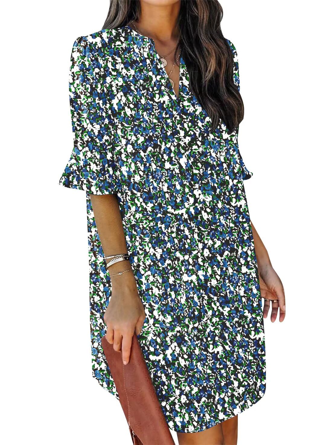 QACOHU Summer Dresses for Women V Neck Ruffle Short Sleeve Casual Shift Dress