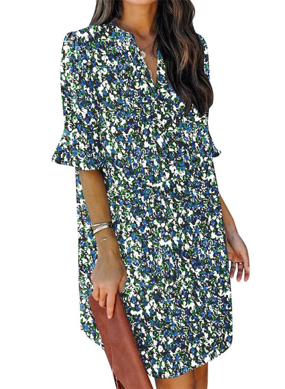 QACOHU Summer Dresses for Women V Neck Ruffle Short Sleeve Casual Shift Dress