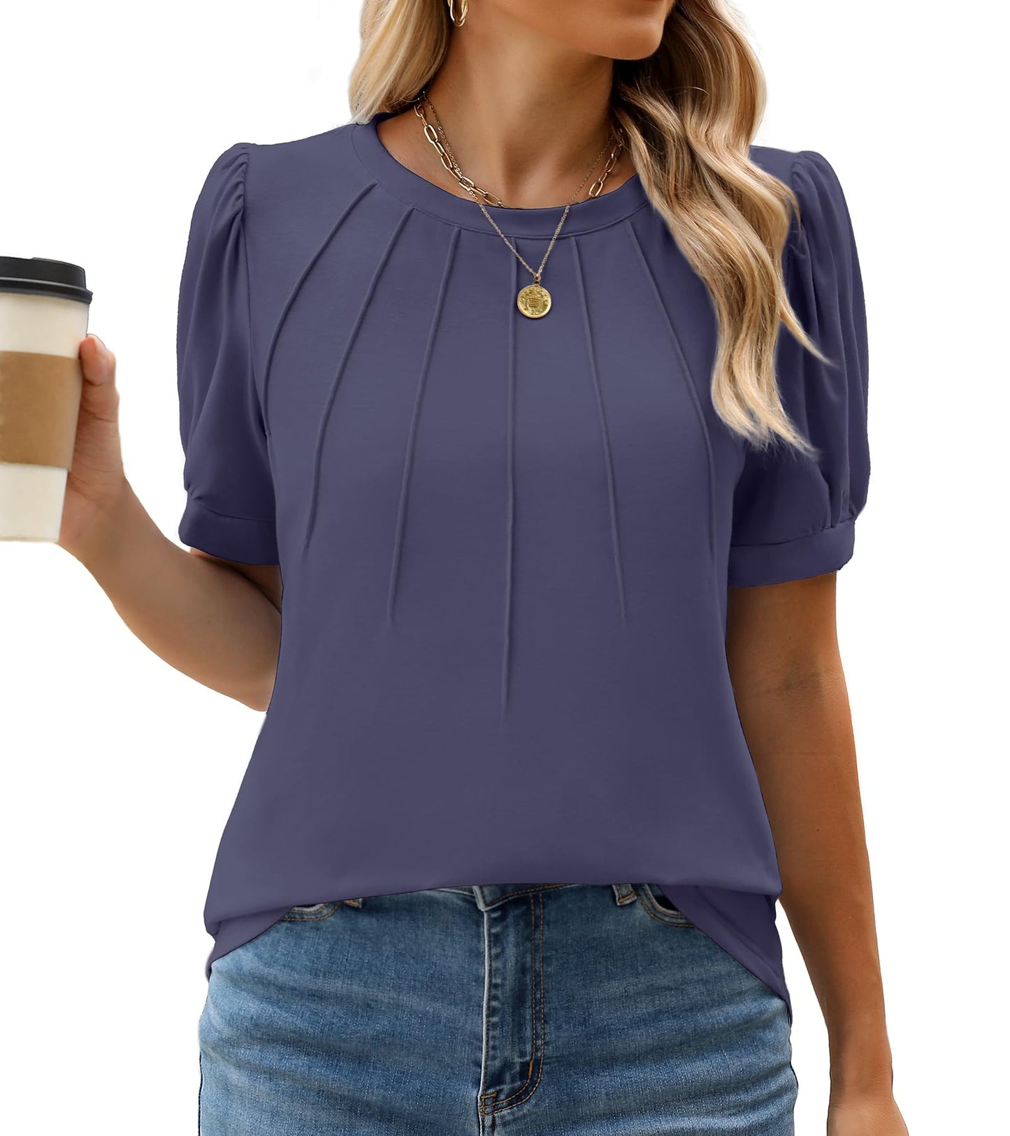 WEACZZY Women's Short Sleeve Crew Neck T-Shirt Pleated Front Casual Blouse | Puff Sleeve, Soft Comfortable Breathable, Regular Fitted, Asymmetrical High-Low Hem, Business Casual, Spring Summer Fall