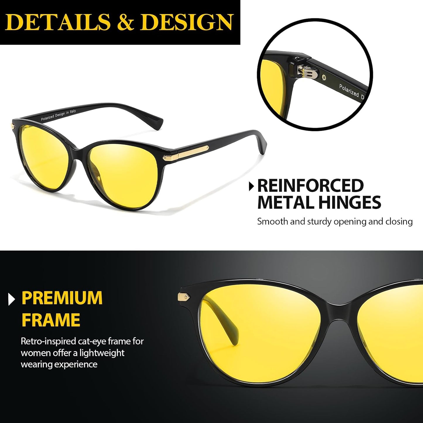 TJUTR Night Vision Driving Glasses for Men & Women, Polarized Anti Glare Yellow Lens Glasses for Night Time Safety TN2582
