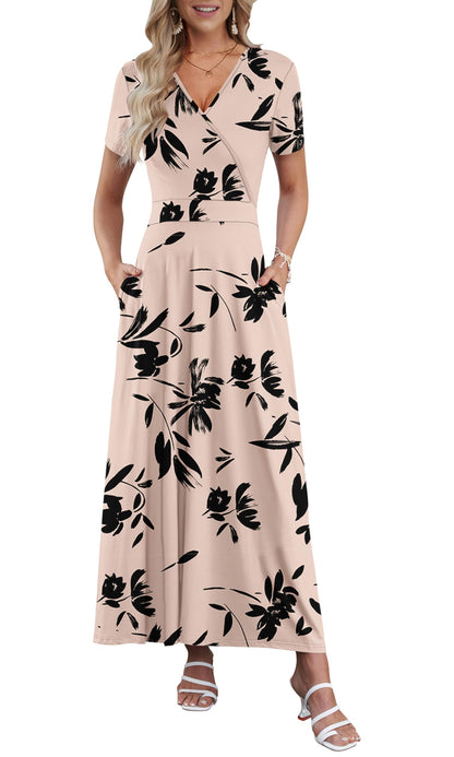 AUSELILY Maxi Dresses for Women Ankle Length Floral Print Beach Long Flowy Dress with Pockets