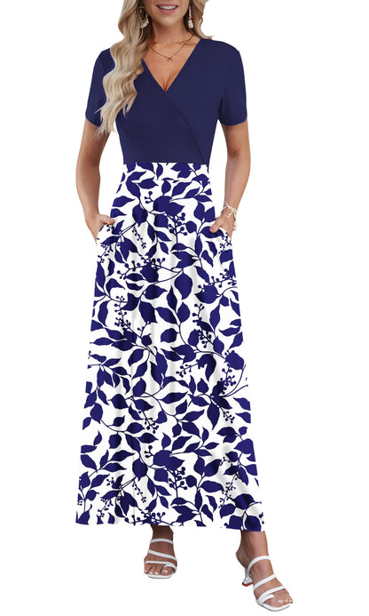 AUSELILY Maxi Dresses for Women Ankle Length Floral Print Beach Long Flowy Dress with Pockets