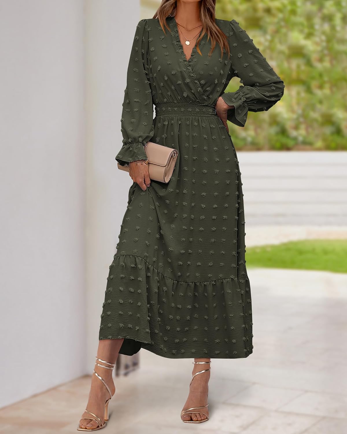 BTFBM Women Fall Maxi Dresses 2026 Long Sleeve V Neck Swiss Dots High Waisted A-Line Ruffle Boho Long Dress Vacation