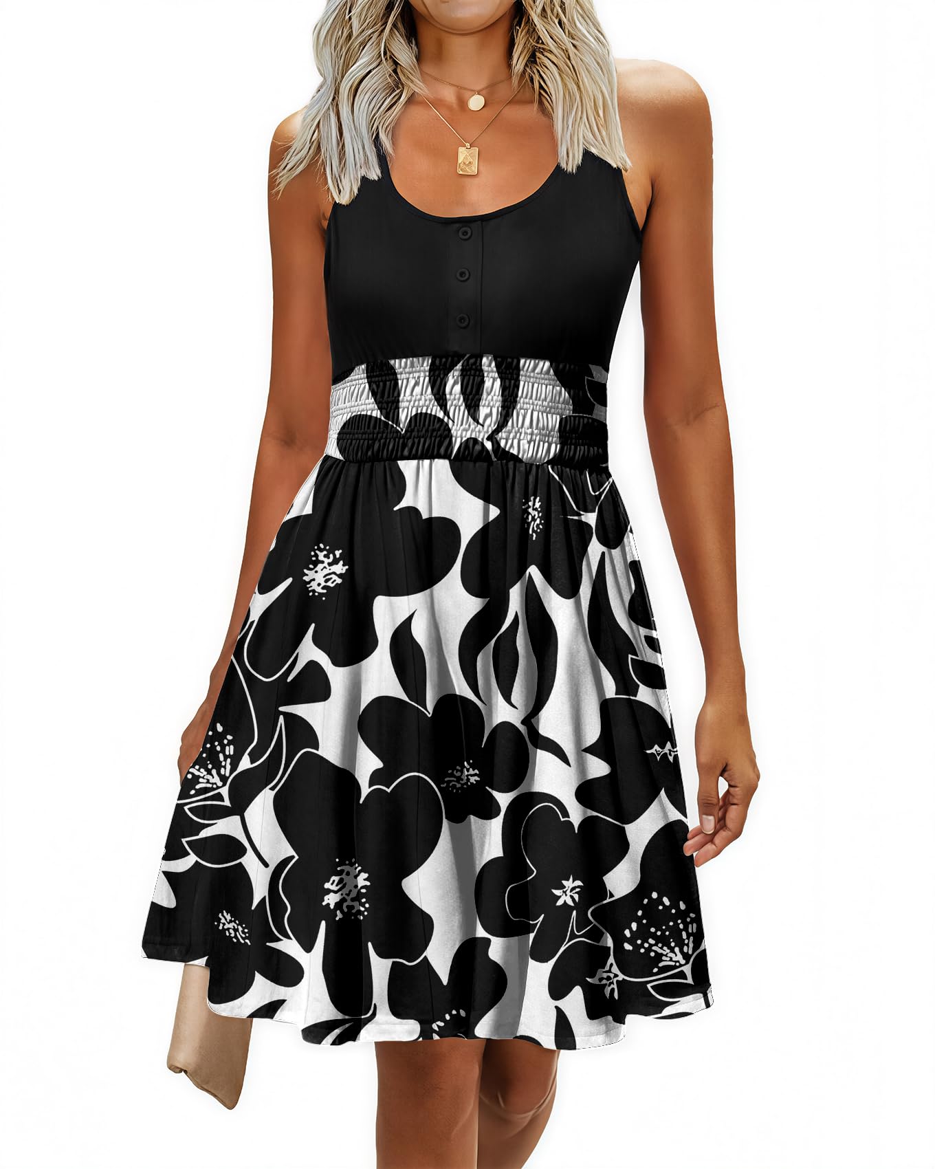 Summer Dresses for Women Casual Sleeveless Sundresses Elastic Waist Mini Sun Dress