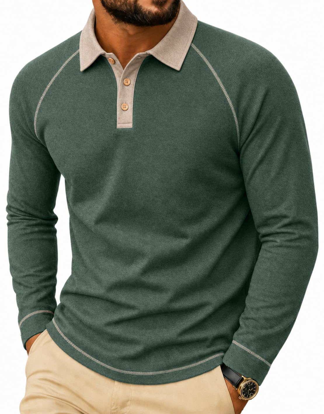 Sailwind Mens Long Sleeve Polo Shirts Fashion Casual Raglan Button Polo Tee Collared Golf Shirt