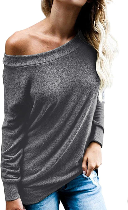 YEXIPO Women's Off Shoulder Tops Long Sleeve Boat Neck Casual Loose Shirts Sexy Blouse Tunics Tops