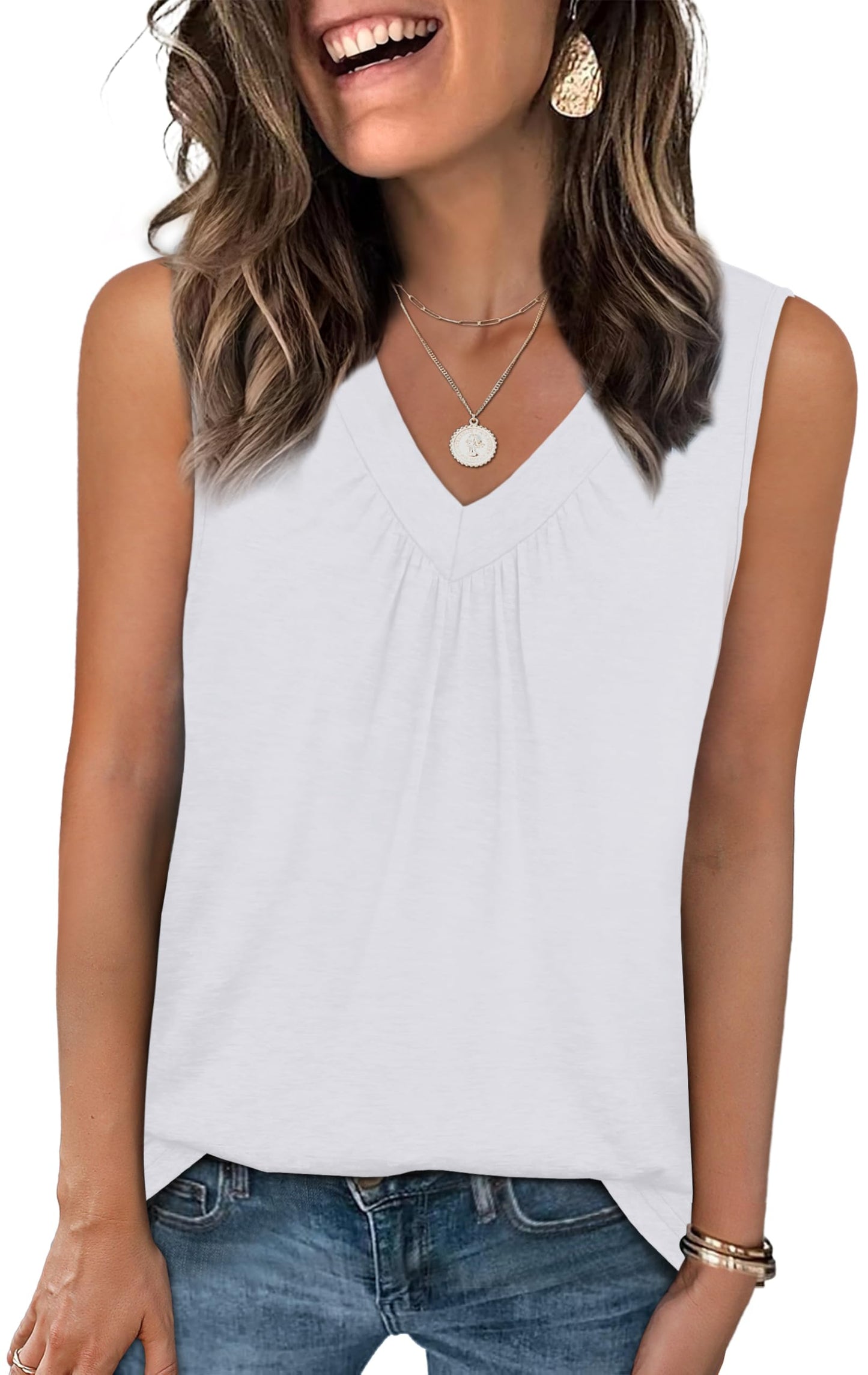 OFEEFAN Tank Top for Women Loose Fit Sleeveless Shirts V Neck Summer Clothes Ruched Women's Tees and Tanks Curved Hem