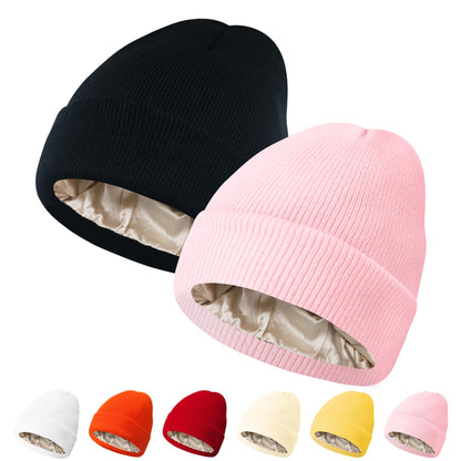 PFFY Womens Satin Lined Beanie Hat Silk Lining Winter Hats Beanies for Women Soft Slouchy Beanie Skull Cap