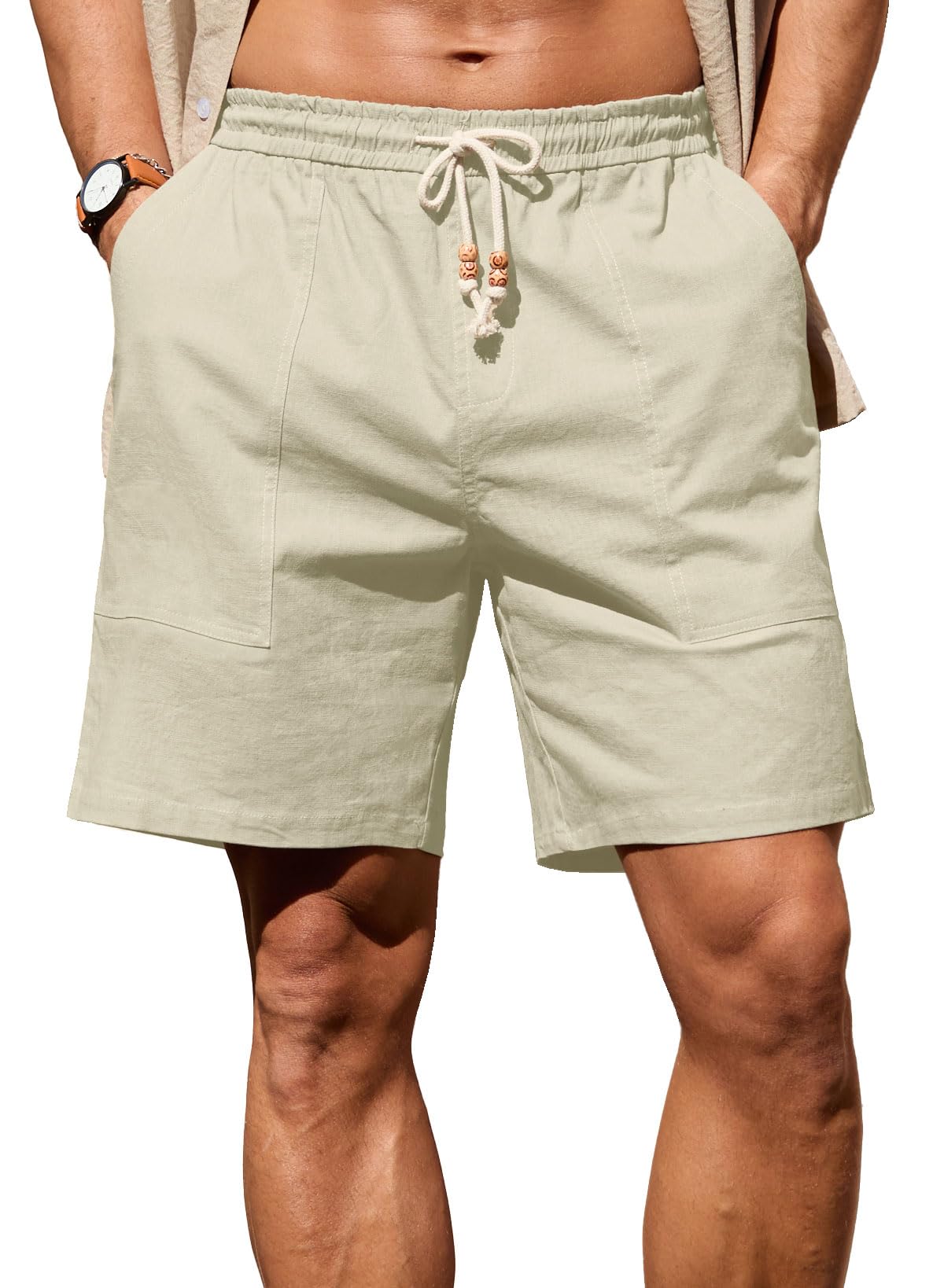 Sailwind Men's Linen Cotton Shorts 7" Elastic Waist Drawstring Casual Summer Beach Shorts