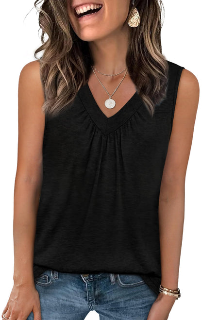 OFEEFAN Tank Top for Women Loose Fit Sleeveless Shirts V Neck Summer Clothes Ruched Women's Tees and Tanks Curved Hem