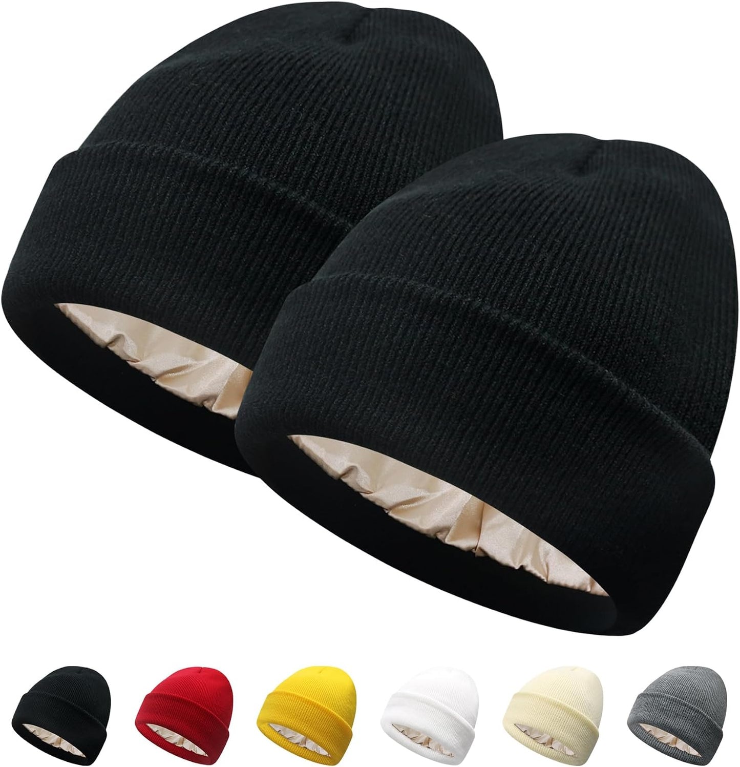 PFFY Satin Lined Beanie for Women Silk Lining Soft Winter Hats Reduce Frizz Knit Beanies Warm Skull Cap